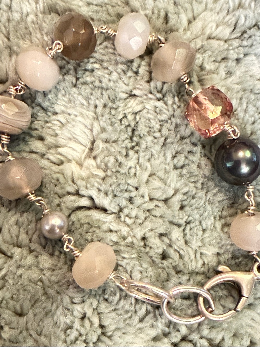 Handcrafted Sterling Silver Wire-Wrapped Mixed Gemstone & Glass Beaded Bracelet